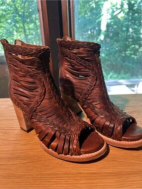 Freebird Steven Bella Woven Leather Peep-Toe Block Heel Ankle Boots - Brown